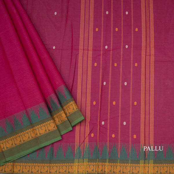 Chettinad Cotton Hot Pink Saree With Small Buttas And Temple Border With Blouse 03
