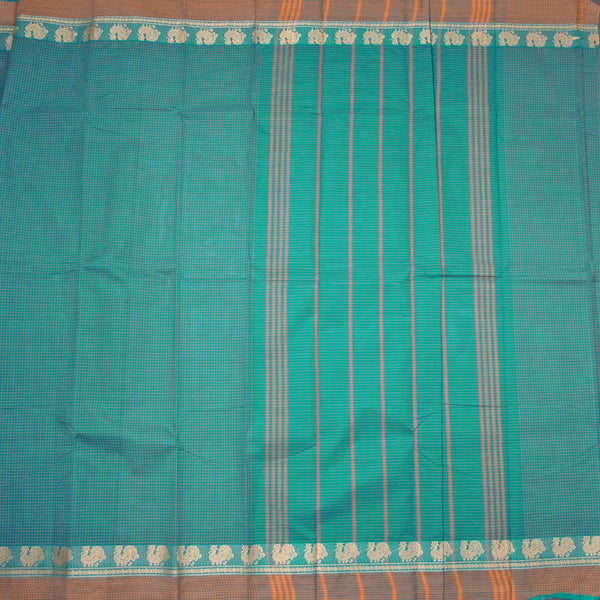 Chettinad Cotton Peacock Green Checked Saree With Mustard Border Without Blouse
