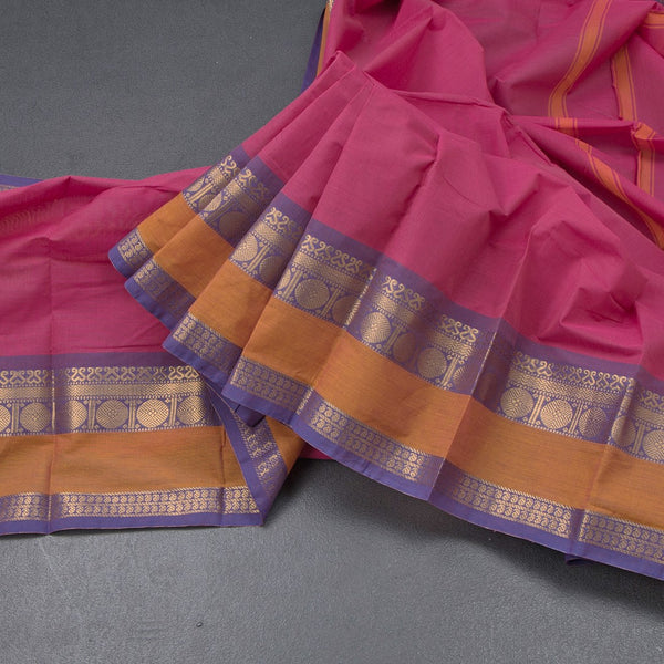 Chettinad Cotton Pink Plain Saree With Zari Border Without Blouse