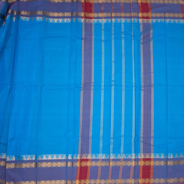 Chettinad Cotton Sky Blue Plain Saree With Rettapet Border Without Blouse