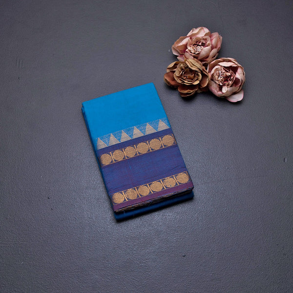 Chettinad Cotton Sky Blue Plain Saree With Rettapet Border Without Blouse