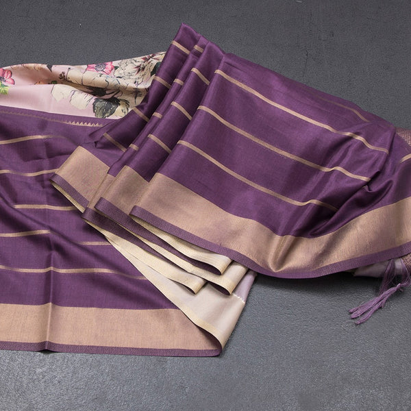 Raw Silk Purple Zari Stripes Saree With Zari Border