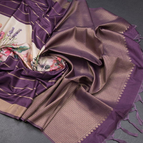 Raw Silk Purple Zari Stripes Saree With Zari Border