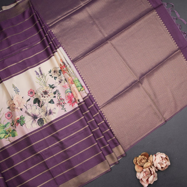 Raw Silk Purple Zari Stripes Saree With Zari Border