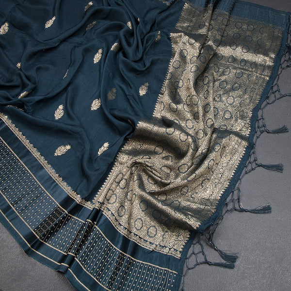 Tussar Peacock Blue Saree With Zari Buttas And Satin Border