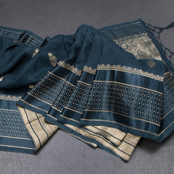 Tussar Peacock Blue Saree With Zari Buttas And Satin Border