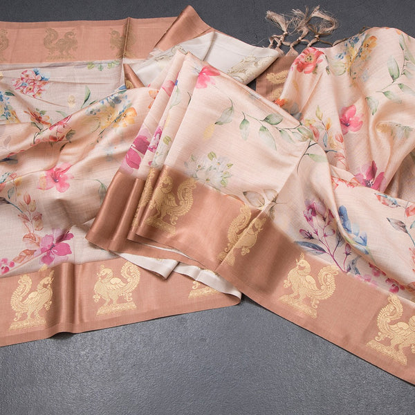Raw Silk Light Peach Floral Printed Saree With Zari Border