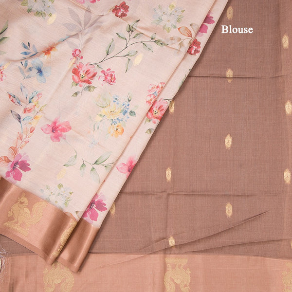 Raw Silk Light Peach Floral Printed Saree With Zari Border