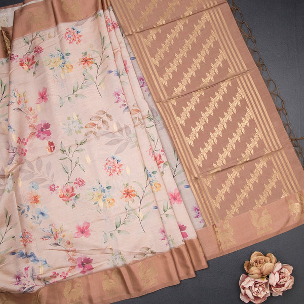 Raw Silk Light Peach Floral Printed Saree With Zari Border
