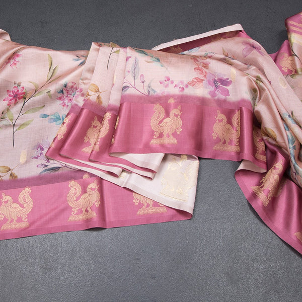 Raw Silk Light Pink Floral Printed Saree With Zari Border