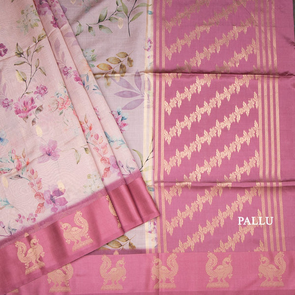 Raw Silk Light Pink Floral Printed Saree With Zari Border