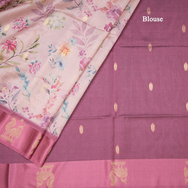 Raw Silk Light Pink Floral Printed Saree With Zari Border