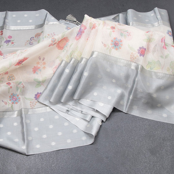 Kota Cream Floral Printed Saree With Zari Buttas On Border 02