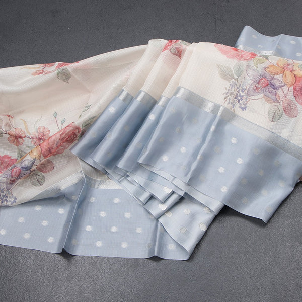 Kota Cream Floral Printed Saree With Zari Buttas On Border 03