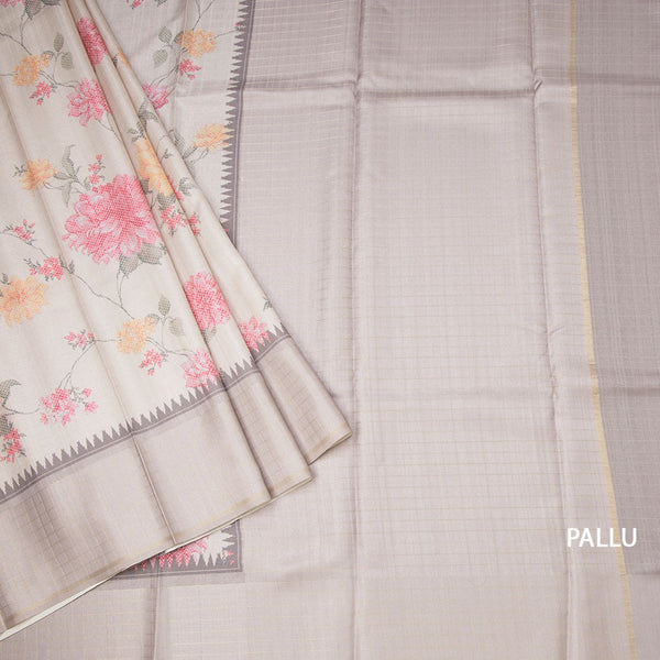 Raw Silk Cream Floral Printed Saree With Zari Checks Border