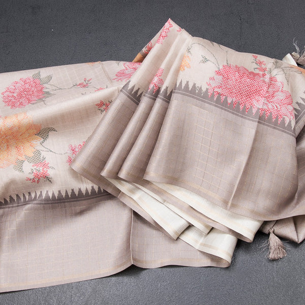 Raw Silk Cream Floral Printed Saree With Zari Checks Border