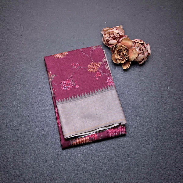 Tussar Wine Colour Floral Printed Saree With Zari Checks Border