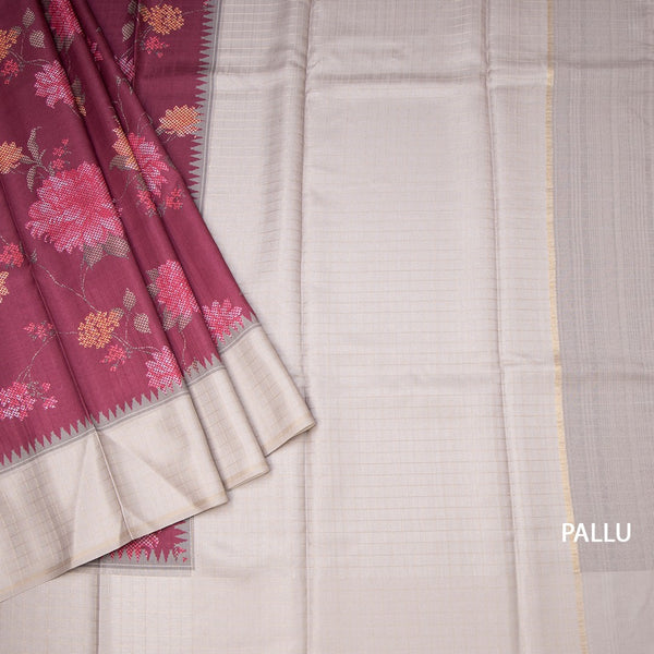 Tussar Wine Colour Floral Printed Saree With Zari Checks Border