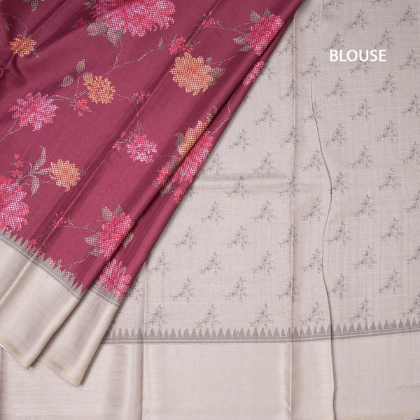 Tussar Wine Colour Floral Printed Saree With Zari Checks Border