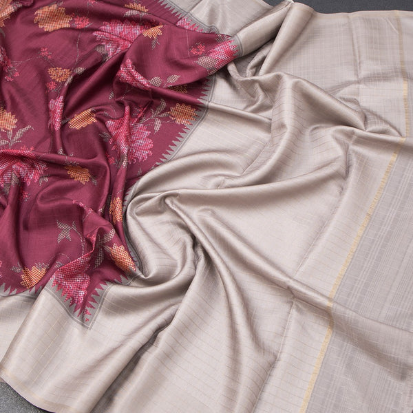 Tussar Wine Colour Floral Printed Saree With Zari Checks Border