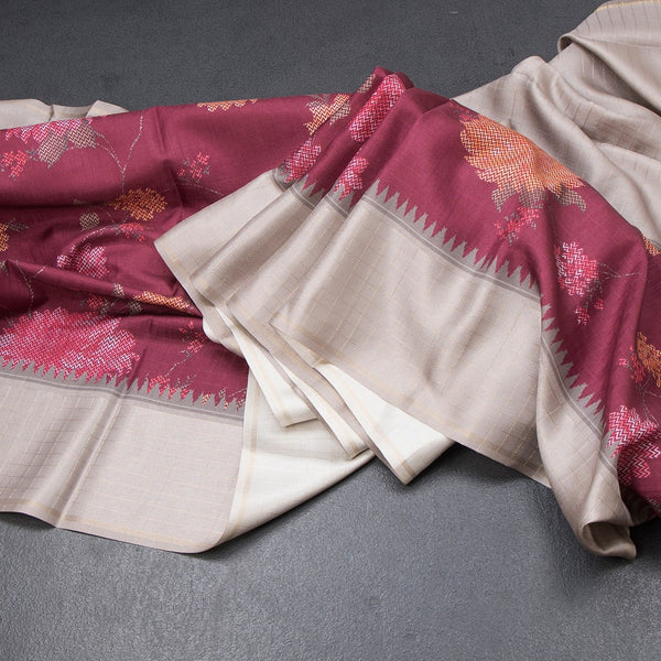 Tussar Wine Colour Floral Printed Saree With Zari Checks Border