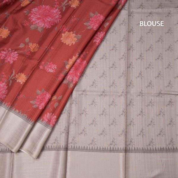 Tussar Maroon Floral Printed Saree With Zari Checks Border