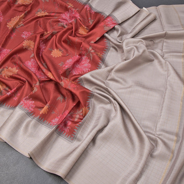 Tussar Maroon Floral Printed Saree With Zari Checks Border