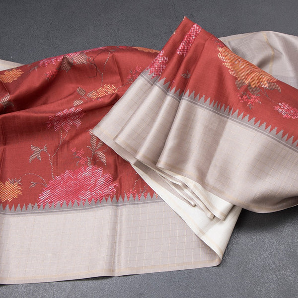 Tussar Maroon Floral Printed Saree With Zari Checks Border