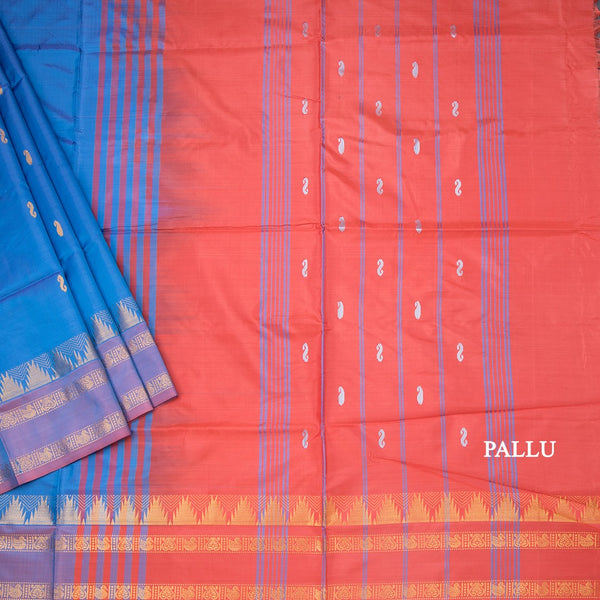 Vaazhai Naar Peacock Blue Saree With Thread Buttas And Contrast Pallu