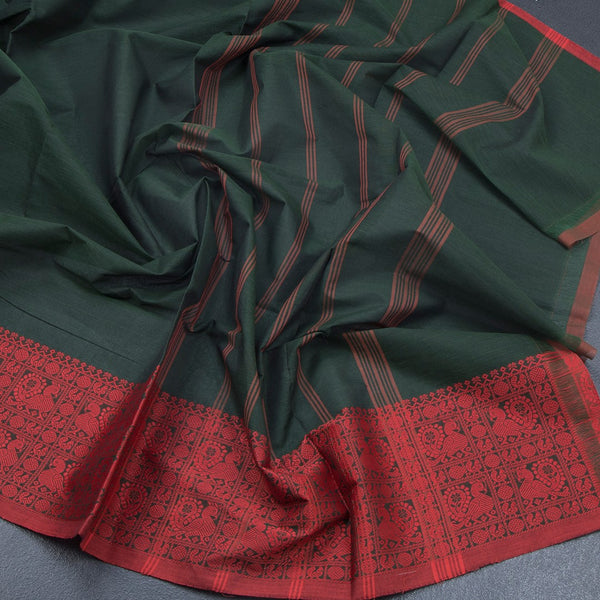 Chettinad Cotton Bottle Green Plain Saree With Thread Border