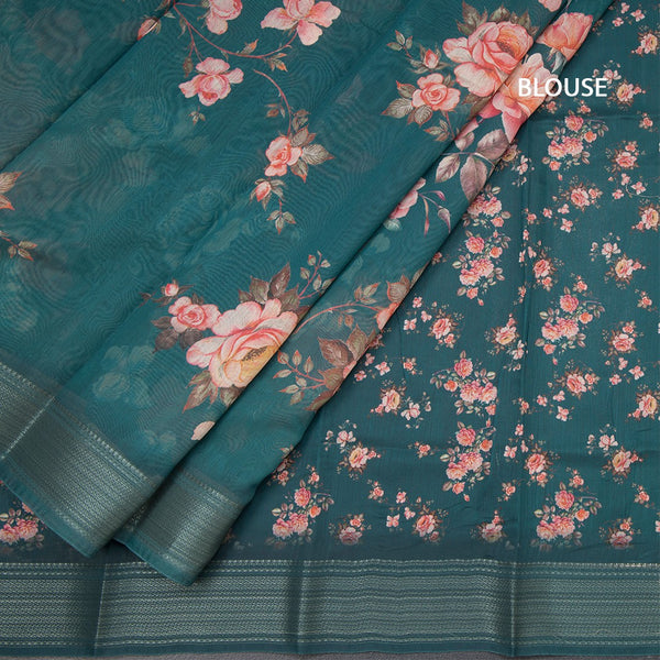 Semi Linen Peacock Green Floral Printed Saree With Zari Border