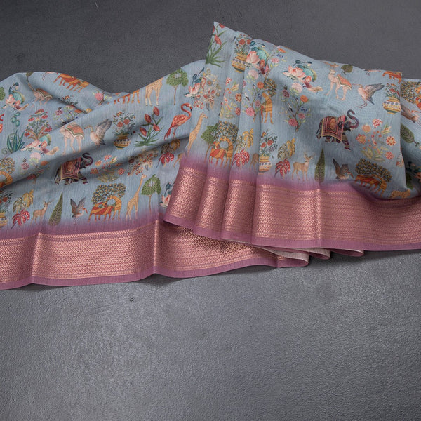 Semi Linen Greyish Blue Printed Saree With Zari Border