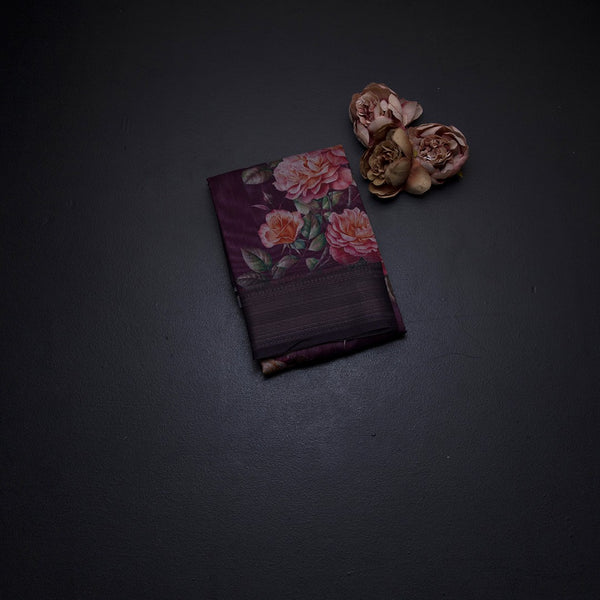 Semi Linen Wine Colour Floral Printed Saree With Zari Border