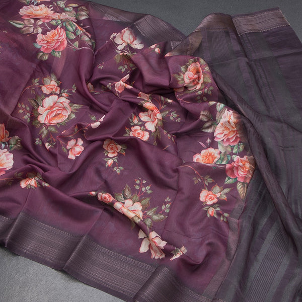 Semi Linen Wine Colour Floral Printed Saree With Zari Border