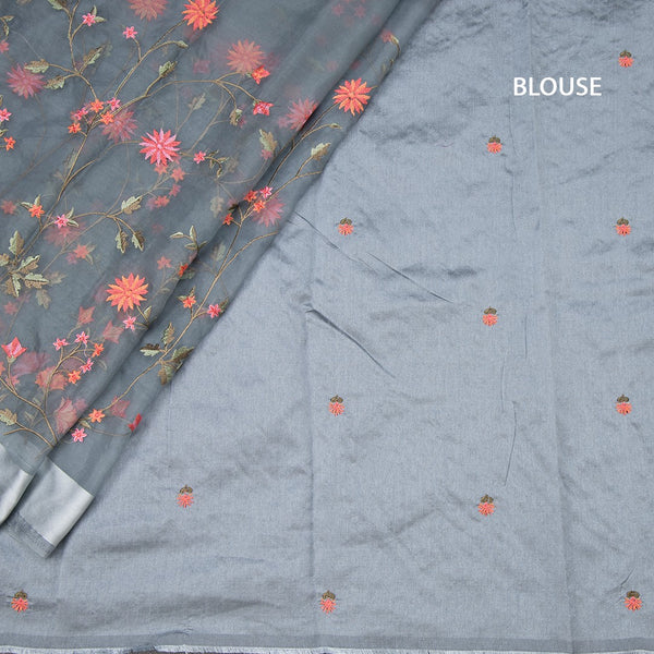 Organza Greyish Blue Thread Work Saree With Zari Border