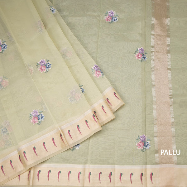 Organza Light Green Thread Work Saree With Zari Border
