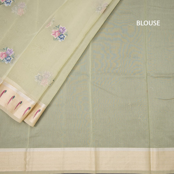 Organza Light Green Thread Work Saree With Zari Border