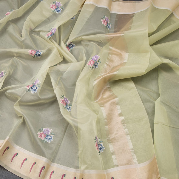 Organza Light Green Thread Work Saree With Zari Border