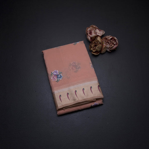 Organza Peach Floral Thread Work Saree With Zari Border