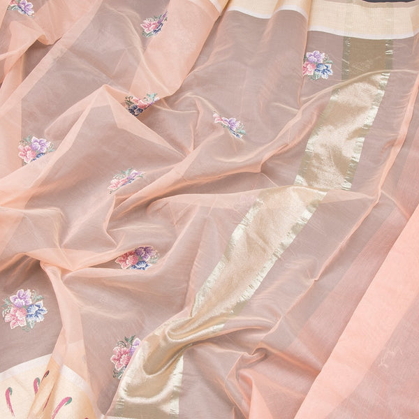 Organza Peach Floral Thread Work Saree With Zari Border