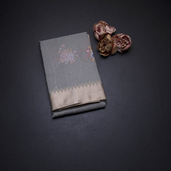 Organza Grey Floral Thread Work Saree With Zari Border