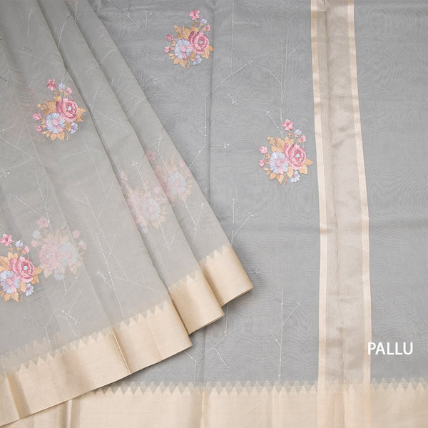 Organza Grey Floral Thread Work Saree With Zari Border