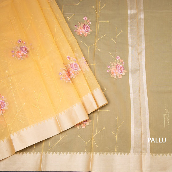 Organza Mango Yellow Floral Thread Work Saree With Zari Border