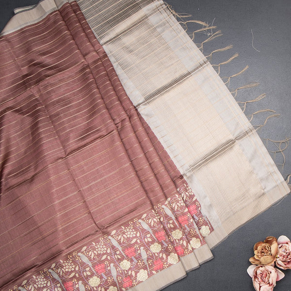 Tussar Dark Brown Zari Stripes Saree With Printed Work