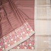 Tussar Dark Brown Zari Stripes Saree With Printed Work