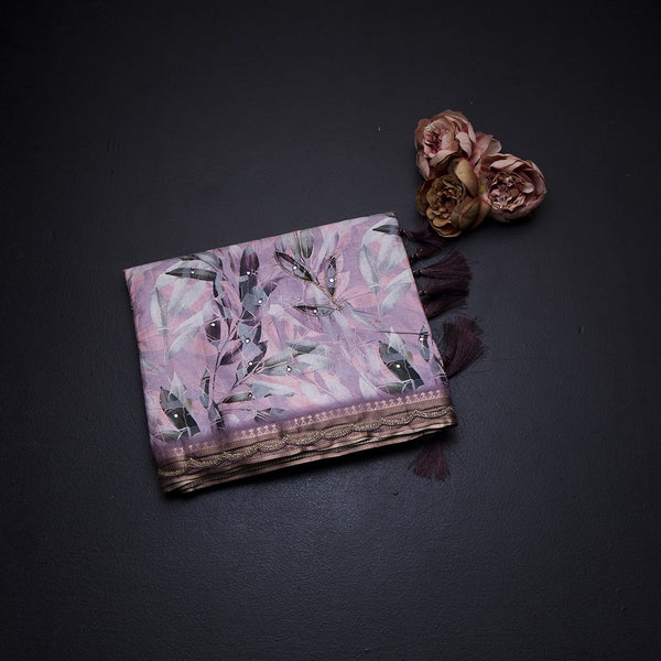 Raw Silk Light Pink Leaf Printed With Mirror Work Saree