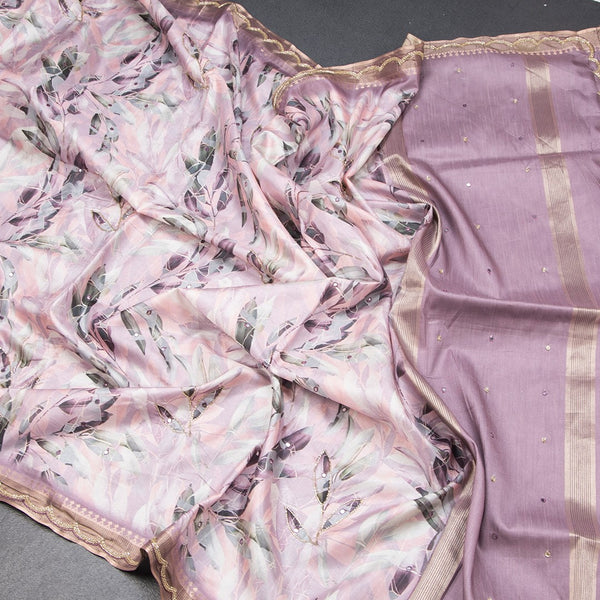 Raw Silk Light Pink Leaf Printed With Mirror Work Saree