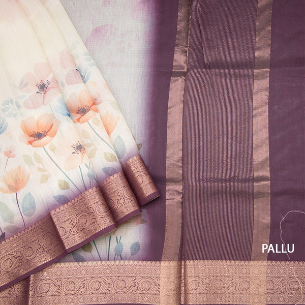Kota Cream Floral Printed Saree With Zari Border