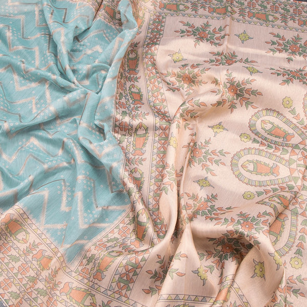 Tussar Sky Blue Zari With Printed Work Saree