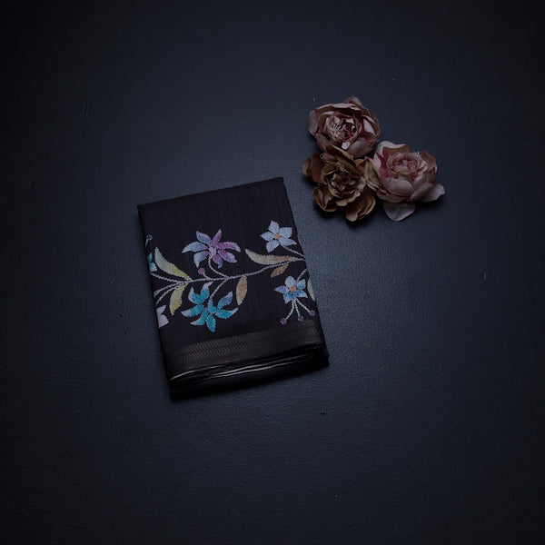 Semi Raw Silk Black Floral Printed Saree